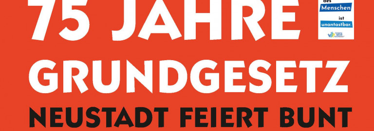 Plakat in Orange mit Motto Neustadt feiert bunt