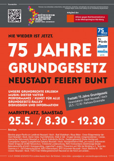 Plakat in Orange mit Motto Neustadt feiert bunt
